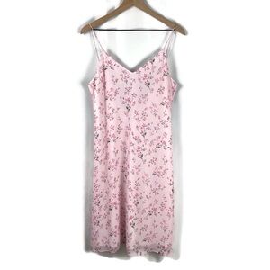 OCHIRLY V-Neck Ruffle V-Back Chiffon Pink Floral Print Slip Dress Sz Med Easter